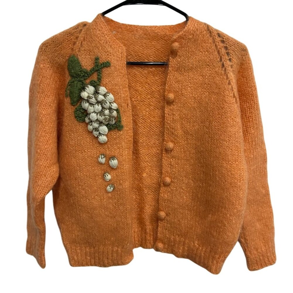 Orange Medium Knitted Cardigan Embroidery Grapes Pattern Buttoned Cropped Preppy